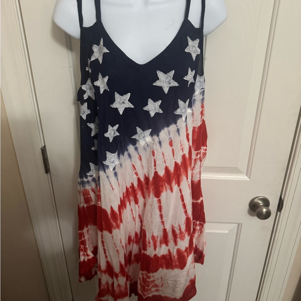 Seven Islands Womens OS Tie Dye Spaghetti Strap Top Red White Blue USA Stars NWT